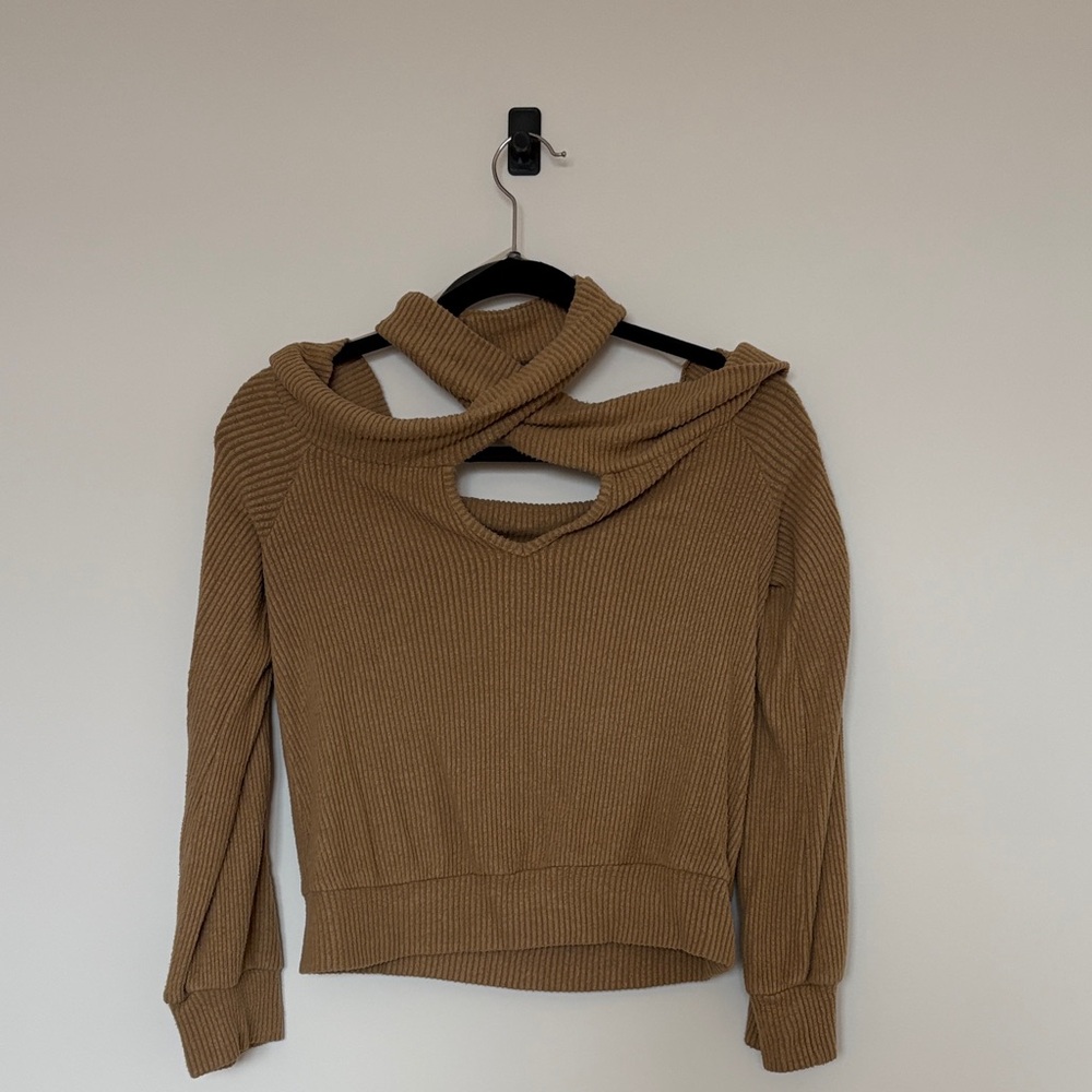 Tan Ribbed Knit Sweater with Cutout Design